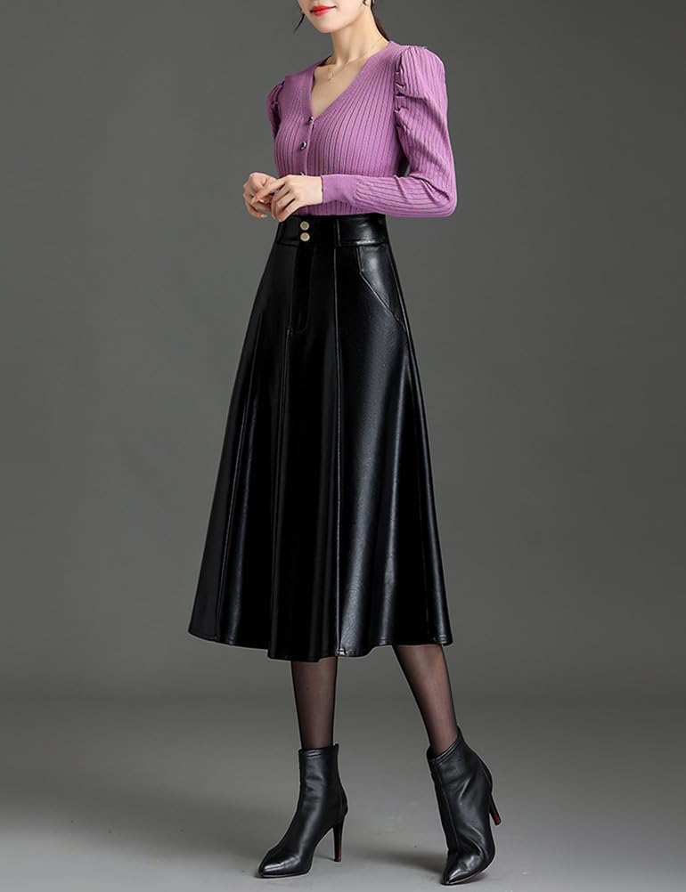 Womens Midi Leather Skirt High Waisted Fall Winter Vintage A Line PU Leather Ruffle Skirt - Image 5