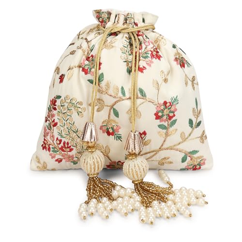 Image of LONGING TO BUY Indian Embroidered Pearl Potli Bag For Women, Sequence Design with Tassel, Wedding Potli Bags