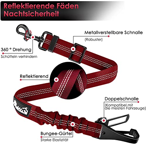 Eyein Hunde Sicherheitsgurt für Auto, Verstellbare Hundegurt fürs Auto mit Elastischer Ruckdämpfung, 3 in 1 reflektierend Hunde Anschnallgurt für alle Hunderassen & Autotypen, 90cm (Rot)