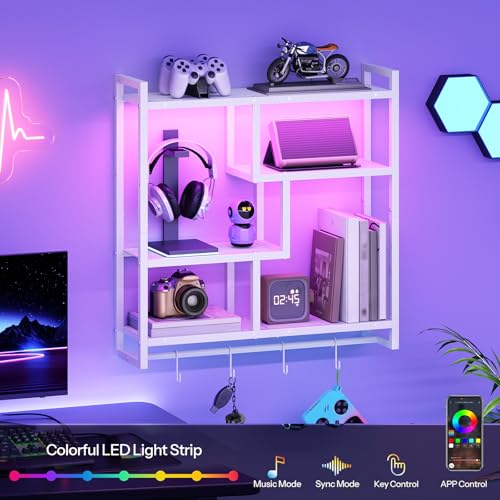 Image of HOOBRO Gaming Floating Shelves with LED Lights, 28.7 inch LED Wall Mounted Shelf, 4-Tier Floating Wall Shelf for Storage, Display Rack with Hanging Bar and 4 S Hooks, for Gaming Room, White WT37DBJ01