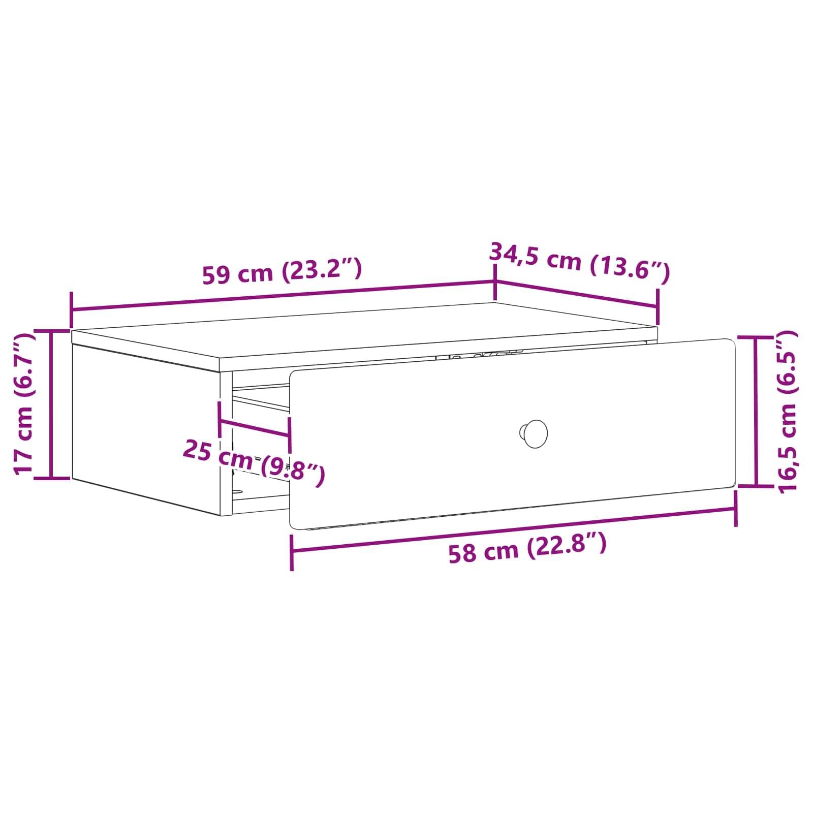 Tavolino da parete bianco, 59 x 34,5 x 17 cm, con cassetto, in legno, per soggiorno, ufficio e corridoio, organizer multiuso compatto e funzionale