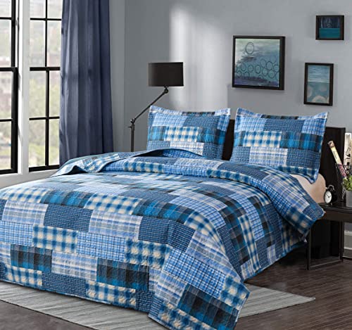 Quilt Set Queen Size Bedspread Coverlet Blue Plaid Patchwork Quilt Bedding Mens Boys Quilts Queen Bed Home Reversible Quilt Bedspread Lightweight Coverlet Soft Microfibers Quilt Set All Season #TOP4