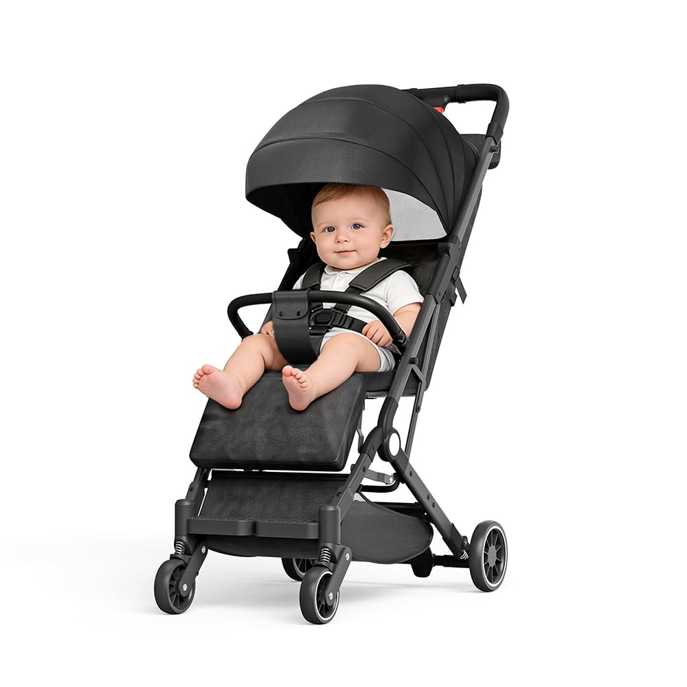 Buggy, wózek dziecięcy, wózek do leżenia, wózek sportowy, składany, siedzący i leżący, 4 koła PU, 5-punktowy pasek, waga 15 kg (czarny – A)