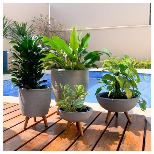 Kit 4 Vasos Para Plantas E Decoração Com Tripé De Madeira Cor: Cinza