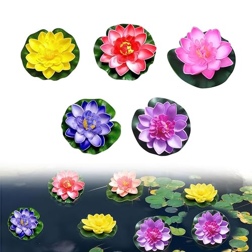 Toulifly 5 Stück Künstliche Seerosen, Schwimmende Wasserlilie für Teich, Aquarium & Garten, Teichdeko mit natürlichem Aussehen in 5 Farben, Wetterfeste Kunstpflanzen für Gartenteich, Terrasse & Pool
