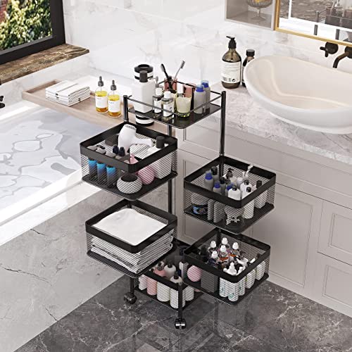 Xinyourui Rotating Storage Shelves Kitchen Rack，Bathroom Storage Organizer，Kitchen Fruit Basket，Rolling Storage Cart With Wheels，Spice Drawer Organizer(Black, 5 Tier-Square) #TOP3