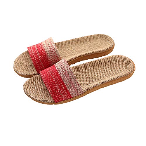 Ousyaah Sandalias y Chanclas para Mujer, Zapatillas para el Piso Lnterior del Hogar, Pantuflas de Algodón y Lino, Sandalias y Pantuflas de Verano (Rojo - 37-38 EU)