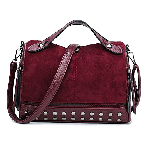 KEEPOP Women Retro Handbag Suede PU Leather Shoulder Bag Shopper Work Boston Bag Ladies Rivets Crossbody Bag Burgundy