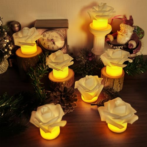 Image of SupBri 12 Pack Led Candles with Artificial Flowers, 200+Hour Battery Operated Tea Lights Candles for Centerpiece Table, Party, Wedding Decorations(White)