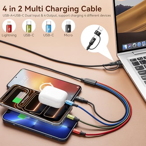 Minlu Dual Typ-C Multi Ladekabel, 4 in 2 Multi USB Kabel, USB-A/C zu Dual USB-C+Lightning+Micro USB-Ladekabel, Geflochtenes Universal-Ladekabel für iPhone 17 16 15 14 13/Galaxy/Laptop/Android/Tablet 2