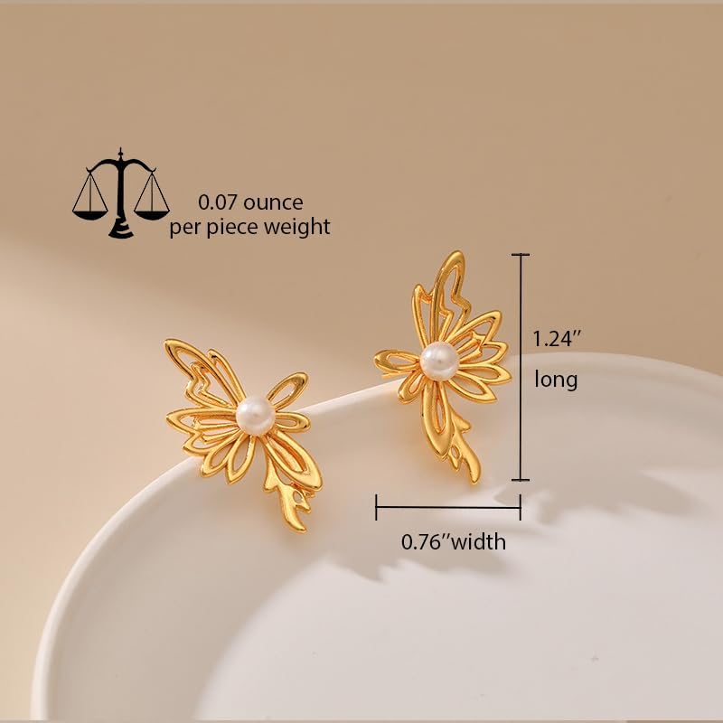 Gold Flower Butterfly Pearl Star Stud Earrings for Women, Trendy Statement Rhinestone Hypoallergenic Earing Anniversary Prom Fashion Jewelry Gift - Image 3