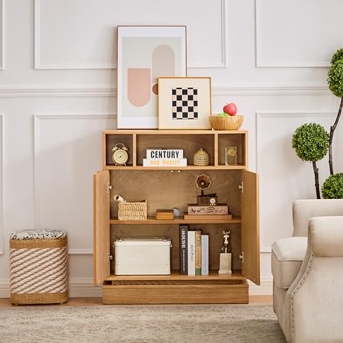 Image of 31.7'' Mid Century Modern Accent Sideboard Storage Cabinet, Natural Wood | 11.9''D Slim Credenza, 2 Doors, 3 Open Cubbies, Adjustable Shelf, for Narrow Entryway, Hallway, Living Room & Dining
