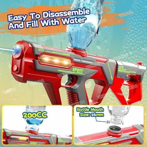 Image of VikriDA Electric Water Gun for Adults & Kids, 2 in 1 Water Gun Pistol with Light & Large Capacity | Free Extra Battery | Water Pistol for Swimming Pool, Beach Party & Outdoor Summer Gifts - Red