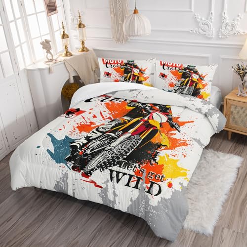 Image of Motocross Comforter Set Extreme Sports Printed Bedding Set with 1 Comforter and 2 Pillowcases for Boys and Girls Bedroom All Season(Motocross Queen)