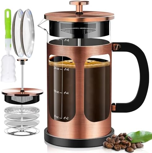 YMMIND French Press Coffee Maker (34oz 1Quart 5-6Cup) Coffee Press, with 4 Filters System, Heat Resistant Thickness Borosilicate Glass, Cold Brew Coffee Tea Pot Gifts (Copper)
