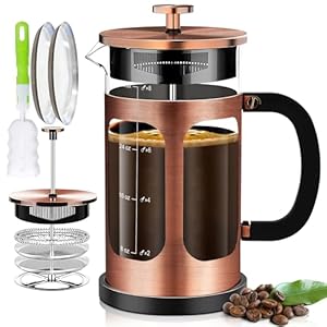 French Press Coffee Maker (34oz 1Quart 5-6Cup) Coffee Press, with 4 Filters System, Heat Resistant Thickness Borosilicate Glass, Cold Brew Coffee Tea Pot Gifts (Copper)