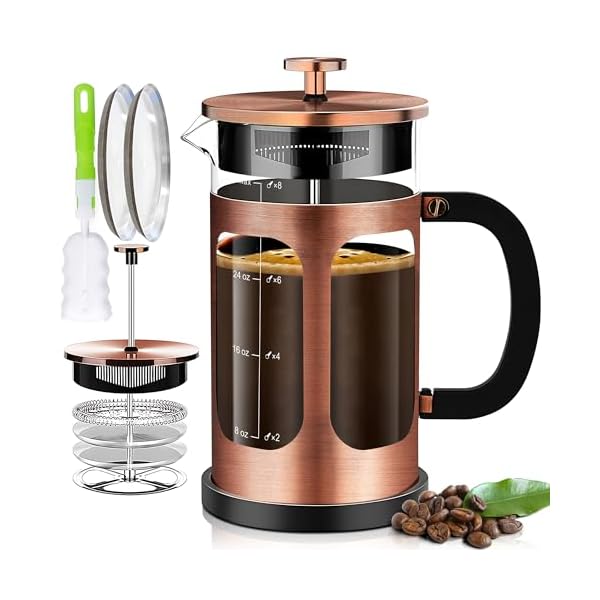 French Press Coffee Maker (34oz 1Quart 5-6Cup) Coffee Press, with 4 Filters System, Heat Resistant Thickness Borosilicate Glass, Cold Brew Coffee Tea Pot Gifts (Copper)