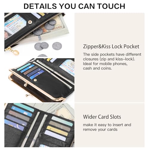 Image of GOIACII Womens Wallet Kiss Lock Bifold Leather Wallets for Women Black | Vintage Wallet for Women,Ladies Clutch Purse,Women's Card Holder Wallet with Zipper