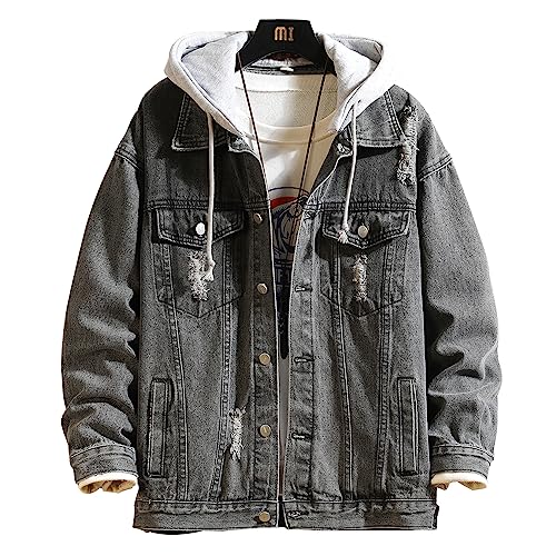 Image of Men's Denim Jacket Distressed Hooded Jean Jackets Baggy Ripped Trucker Coat | Loose Vintage Long Sleeve Denim Hoodie Cotton Button Down Jean Outerwear With Pockets Black Blue Hip Hop Streetwear Casual