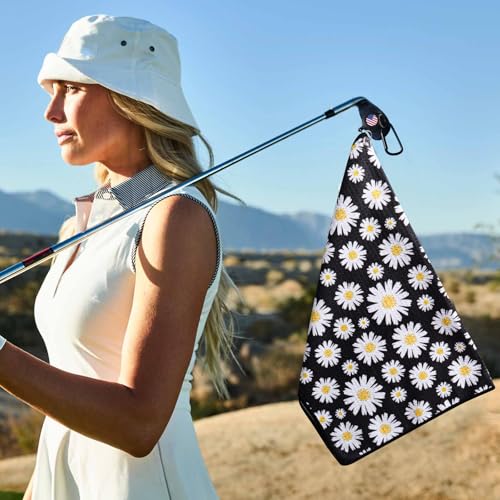 GKandi Golf Towels for Golf Bags Value 2 Pack 21"x16" and 12"x8" Set with Strong Magnetic Retractable Carabiner Microfiber Waffle Pattern Towel Lightweight Absorbent Gift for Women Ladies (Daisy)