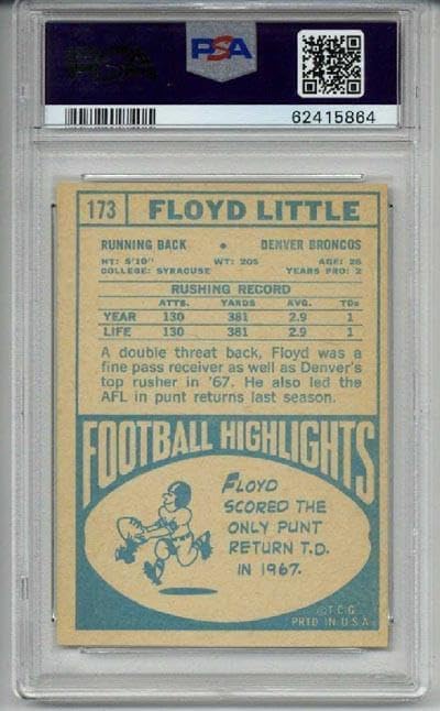 1968 Topps #173 Floyd Little Rookie Rc Card Denver Broncos Psa 6 Low Pop Rare - Unsigned Football Cards