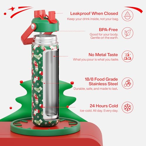 Image of ENCOOL Christmas Insulated Water Bottle with Straw, Stainless Steel Water Bottle, Leak Proof BPA-Free, Keeps Cold for 24 Hours for Sports, Christmas Holiday Gifts for Women, 26 oz, Jolly Sock