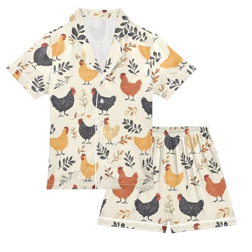 Rooster Leaves Pattern Summer Satin Pajama Set, Cute Button-Down Sleepwear Pj Set for Sleep Wears