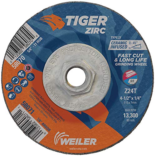 🔥 Flash Sale Weiler 58070 4-1/2" x 1/4" Tiger Zirc Type 27 Grinding Wheel, Z24T, 5/8"-11" UNC Nut (Pack of 10)