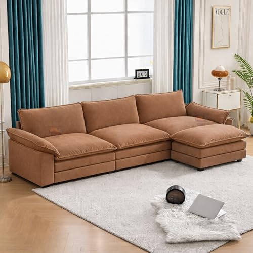 Image of SRMS Sectional Sofa Modern Deep 4 -Seat Sofa Couch | 3 + 1 ottoman | Chenille Sofa Sleeper Comfy Upholstered Furniture for Living Room, Apartment, Studio, Office | L Shape | Light Brown