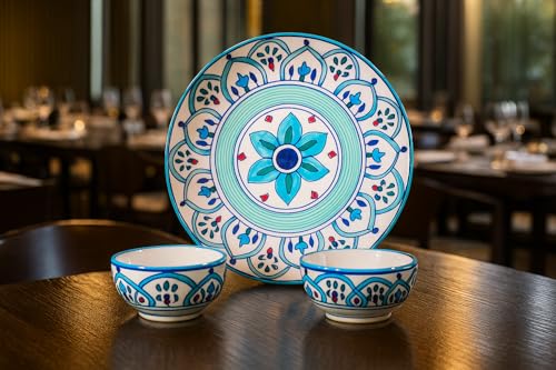 Image of HS HINDUSTANI SAUDAGAR Peacock Feather Motif Ceramic Plate and Bowl dinnerware Sets Plates for Dinner Pasta Breakfast & katori Dinner Set Ideal Dining Table Kitchen Design for Daily use and Gifting.