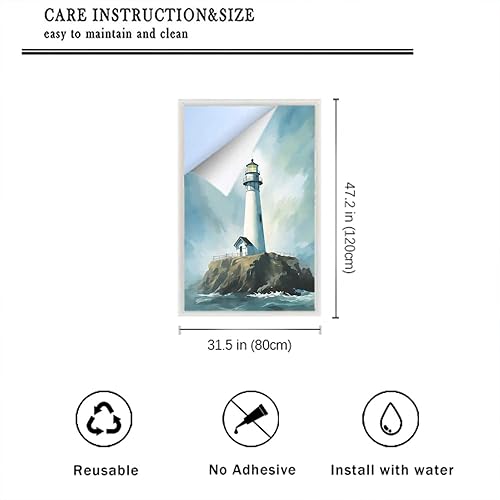 Miniatura 36 de Lámina abstracta retro de acuarela para ventana de vidrio con diseño de faro, diseño náutico, para privacidad en el océano, no adhesiva, para baño