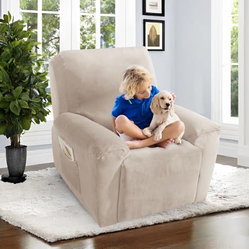 Image of ZNSAYOTX 2026 Velvet Oversized Recliner Cover 3-Piece, Luxury Plush Recliner Chair Covers with Elastic Band & Ties Stay in Place, Stretch Reclining Slipcover for Lazy Boy Soft Washable (Khaki)