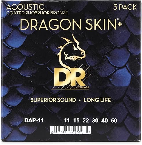 Cordes guitare acoustique DR Dragon Skin+ Custom Light 11-50 en bronze phosphoreux (Pack de 3)