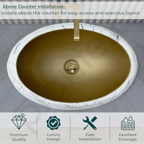 Image of Plantex Table Top Wash Basin For Bathroom /Designer Ceramic Basin /Countertop Vessel Sink Basin - Indo-European Collection (White & Gold - 24 x 16 x 7 Inch)
