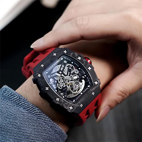 Image of TSAR BOMBA Automatic Watches for Men,50M Waterproof Men's Watch,Luxury Mechanical Skeleton Analog Watch,Silicone Watch Bands Carbon Fiber Case Black Watch,Gifts for Men Business Casual