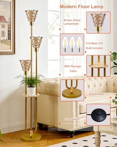 Image of 3-Light Modern Glass Floor Lamp with Shelf, Gold Tall Standing Lamp with Amber Flower Glass Shade, LED Floor Lamp with Foot Switch& 5Lbs Heavy Base for Living Room Bedroom, Bulb Included