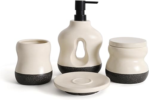 BosilunLife Juego de 4 accesorios de baño, juego de jabón beige para decoración de baño, loción de baño, dispensador de jabón, soporte para cepillos