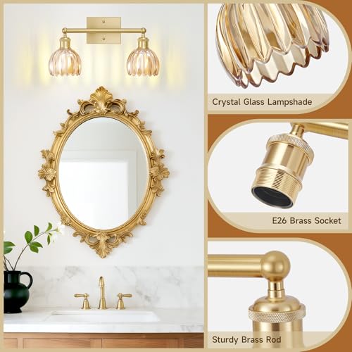 Image of 2 Light Bathroom Vanity Lights Over Mirror,Vintage Wall Sconce,Antique Brass Bathroom Light Fixtures,Tulip Sconces Wall Lighting with Amber Thick Glass Shade for Bedroom Living Room, E26 Base
