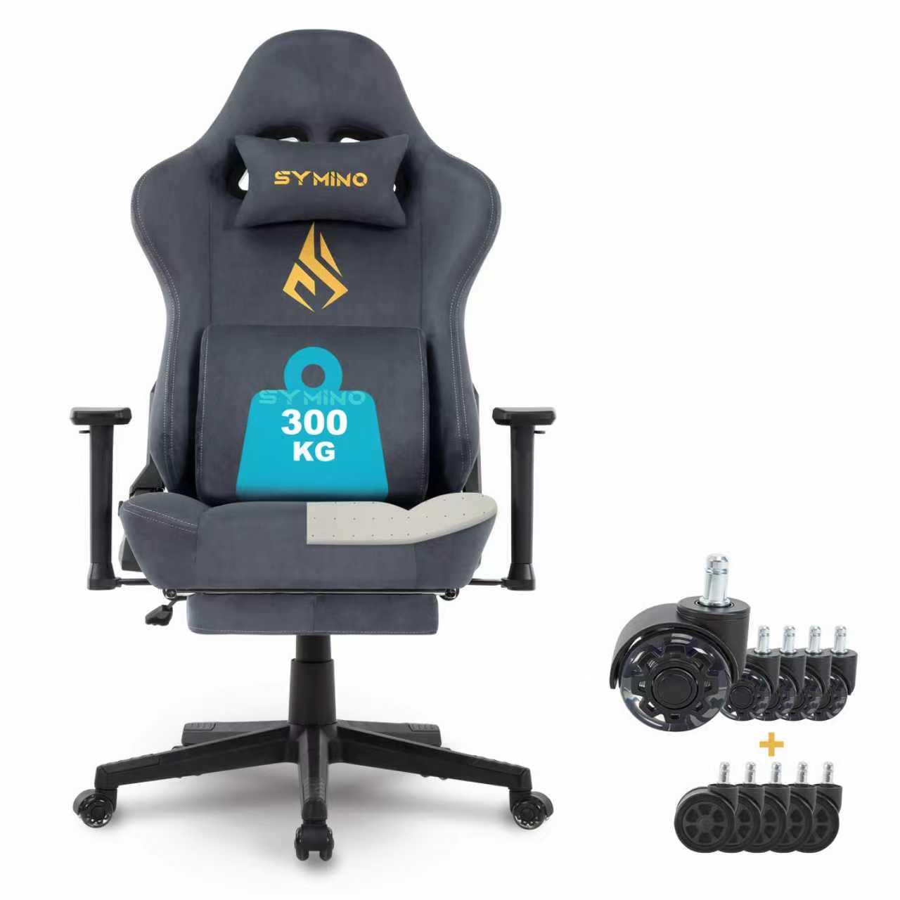 Symino Gaming Stuhl mit Latex Sitzkissen 300kg Belastbarkeit, Ergonomischer PC-Stuhl mit Memory-Schaum Lendenwirbelstütze und Kopfstütze