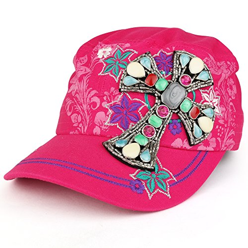 Trendy Apparel Shop Women's Floral Printed Jeweled Cross Stone Flat Top Style Flat Top Army Cap - HOT Pink Trendy Apparel Shop Women's Floral Printed Jeweled Cross Stone Flat Top Style Flat Top Army Cap - HOT Pink
