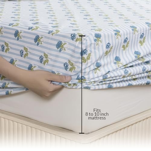 Image of HOMEMONDE 186 TC Soft Cotton Fitted Sheet Floral Printed Single Size Elastic Fitted Bedsheet with One Pillow Covers - (72 X 36 Inches, Blue) | Perfect for Home Decor & Gifting