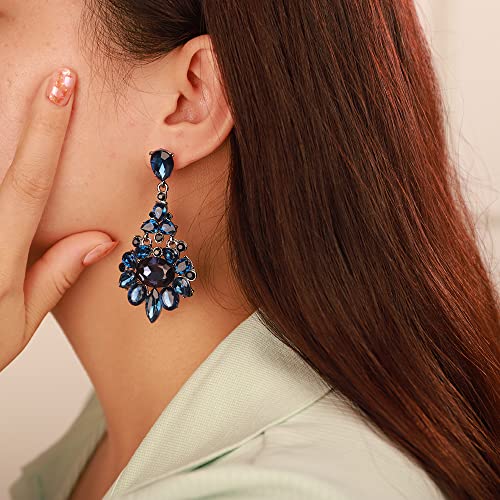 Kercisbeauty Statement Blue Crystals Dangle Drop Earrings Women Rhinestones Black Jewelry Retro Earrings (Blue)3