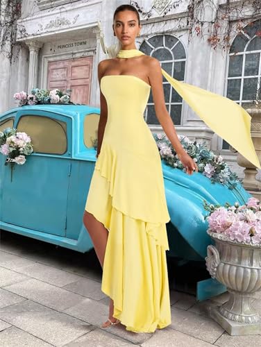 Strapless Bridesmaid Dresses with Scarf Women's Chiffon Formal Evening Dress with Slit3