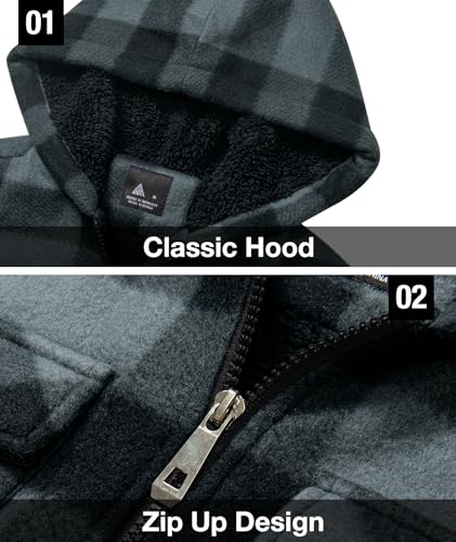 Image of GEEK LIGHTING Boys Flannel Jacket Sherpa Lined Hoodies Zip Up Fleece Plaid Shirt Jackets Winter Outdoor Coat Warm