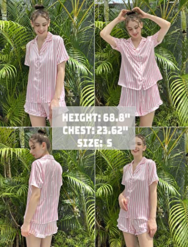Image of HOTOUCH Womens Satin Pajamas Set Button Down 2 Piece Silk Pjs Shorts Set Ruffle Lingerie Notch Collar Sleepwear