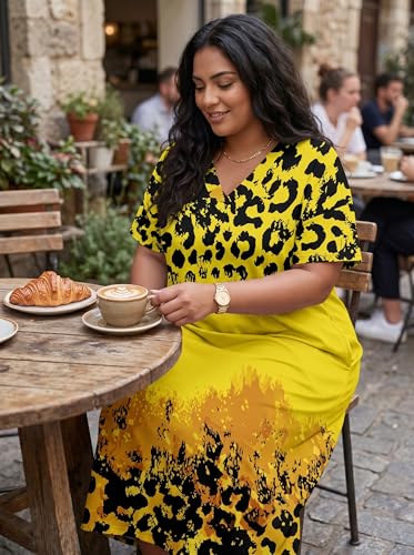 Image of Plus Size Maxi Dress for Women Short Sleeve V Neck Casual Loose Sundress with Pockets