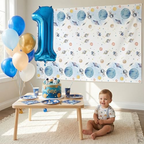 Image of NatNarr 3 Pack First Trip Around The Sun Space Tablecloths, 54 x 108 Inch | PE plastic, fits most 8-10 seat tables, wipe-clean or disposable, for 1st birthday, baby shower, space parties