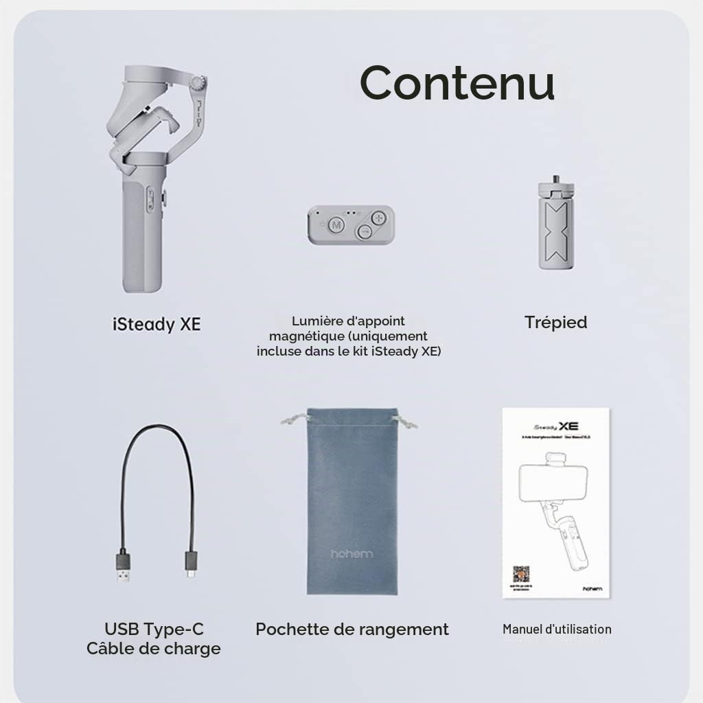 Hohem isteady XE kit 3 Axes stabilisateur de cardan Smartphone avec lumière pour iPhone téléphone Android pour vlog Youtube Enregistrement vidéo en Direct Main Pliante stabilisateur de cardan Gris