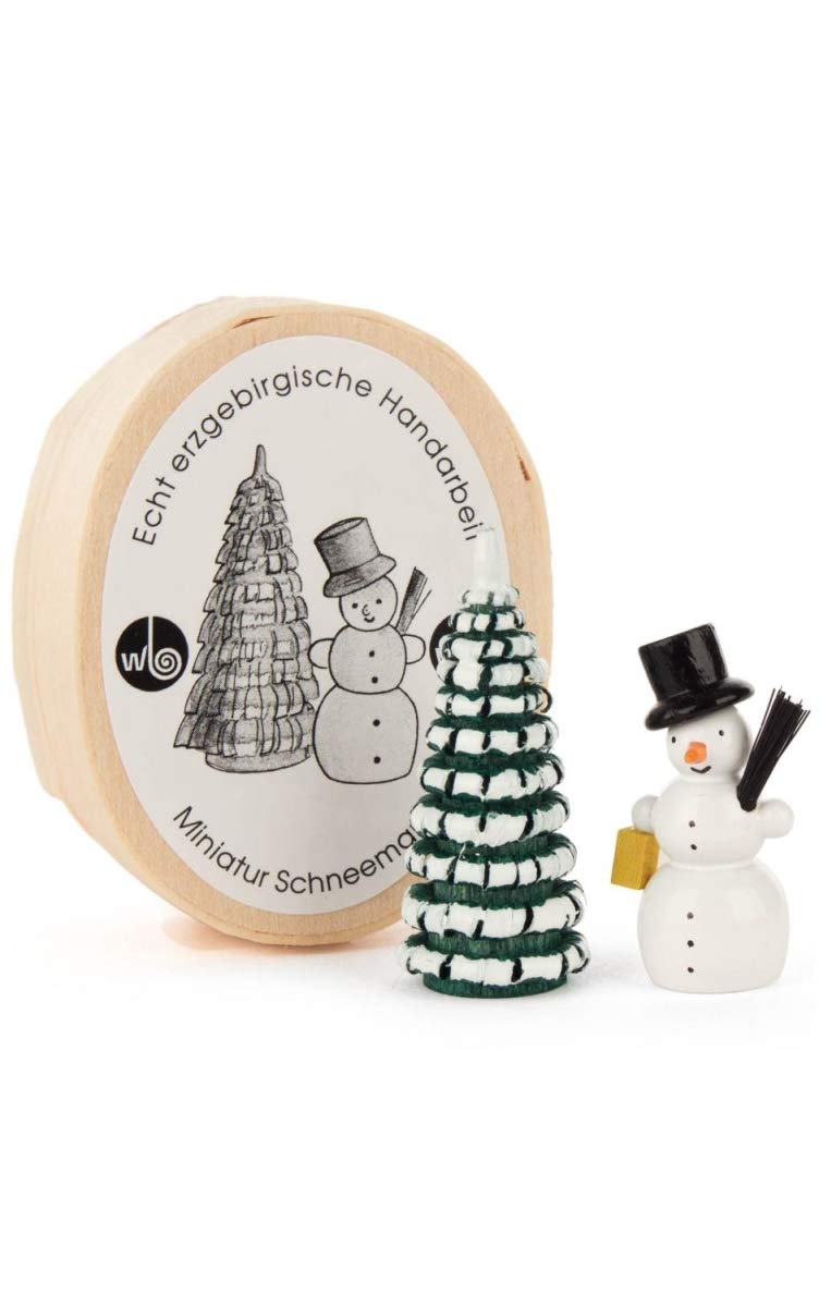 070-301 DREGENO Hand Carved Snowman and Tree in A Wooden CHIP Box, Cream