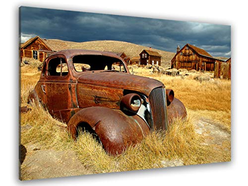 Hexoa Tableau voiture ancienne champ de blé - Made in France - Toile imprimée - 50x30